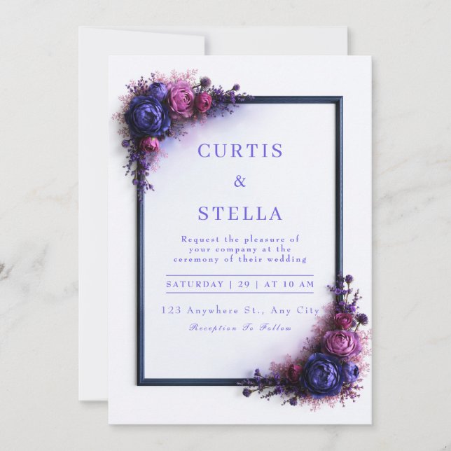 Indigo Magenta Florale Rahmen-Ecke Hochzeit Einladung (Vorderseite)