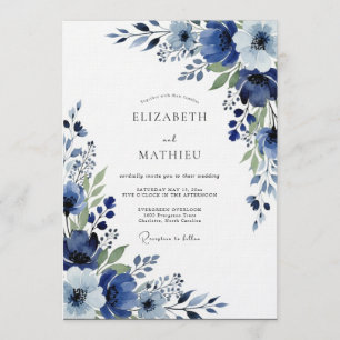 Indigo Malerische Blumige Hochzeit Einladung