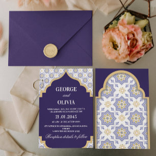 Indigo-Marokkanische Fliesen-Hochzeit Einladung