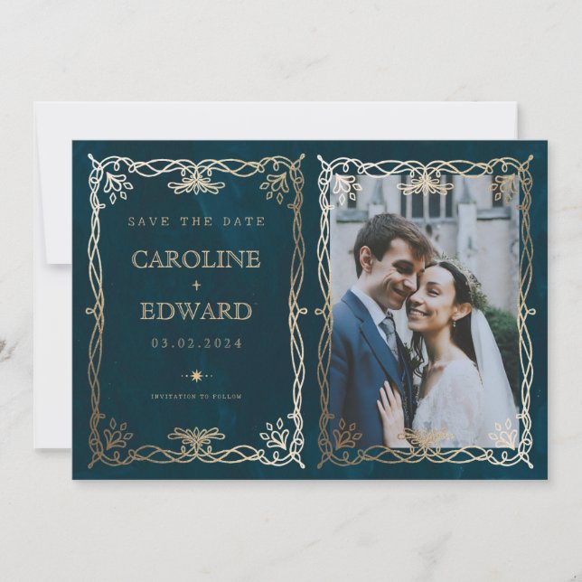 Indigo Medieval Gold Ivy Foto QR Code Save The Date (Vorderseite)