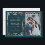 Indigo Medieval Gold Ivy Foto QR Code Save The Date<br><div class="desc">Indigo Medieval Gold Ivy Foto QR Code</div>