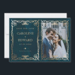 Indigo Medieval Gold Ivy Foto QR Code Save The Date<br><div class="desc">Indigo Medieval Gold Ivy Foto QR Code</div>