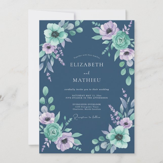 Indigo Minze Anemone Hochzeit Einladung (Vorderseite)