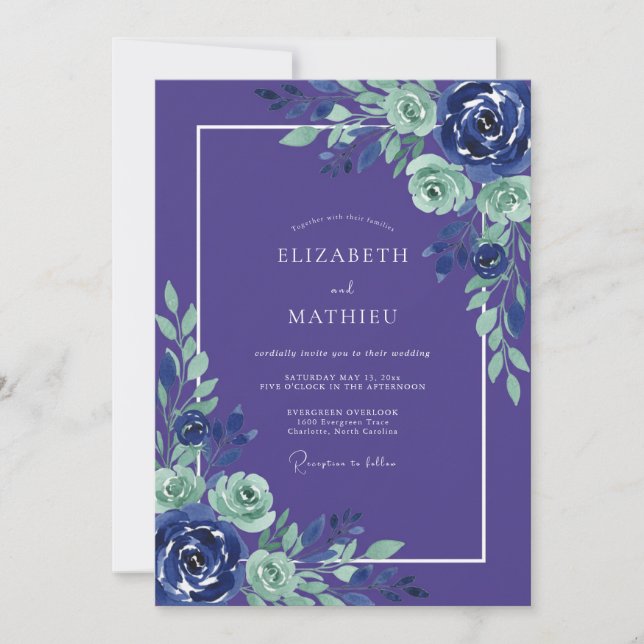 Indigo Minze Botanische Romanze Hochzeit Einladung (Vorderseite)
