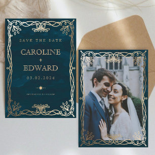 Indigo Mittelalter Gold Efeu Hochzeit Save The Date
