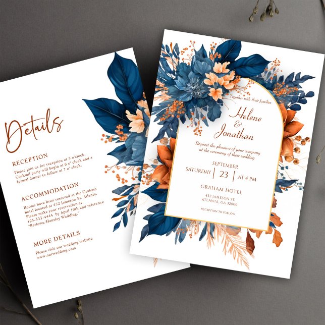 Indigo Moderne Rustikale alles in einer eleganten  Einladung (Indigo Modern Rustic All In One Elegant Wedding Invitation)