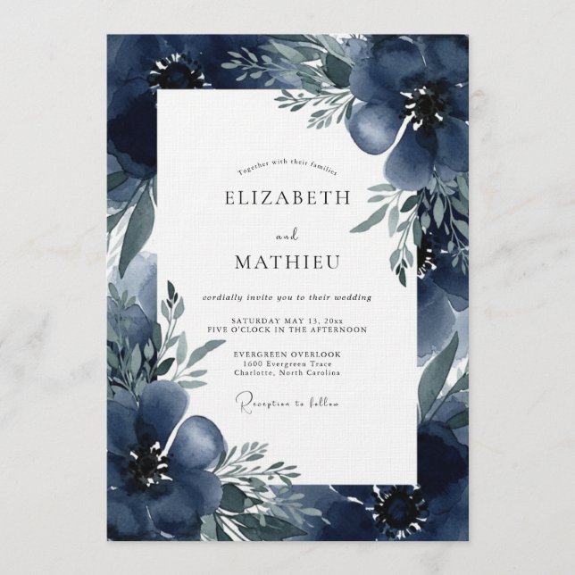 Indigo Moody Bloom Hochzeit Einladung (Vorderseite)