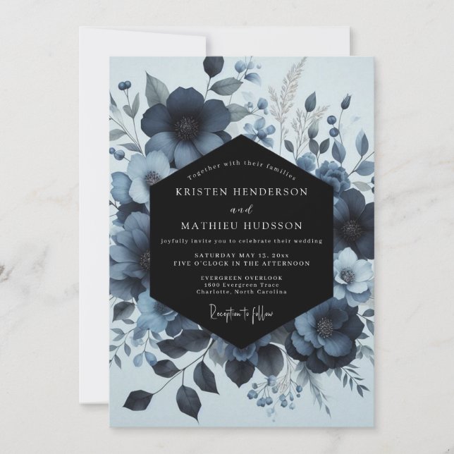 Indigo Moody Bloom Wedding Einladung (Vorderseite)