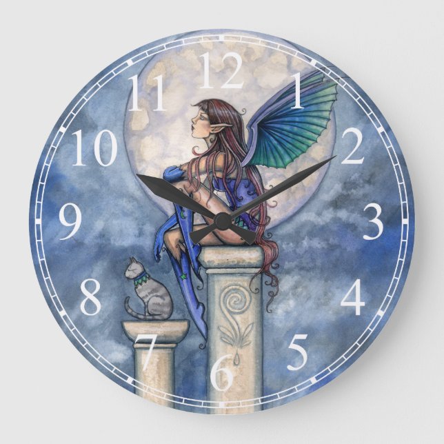 Indigo Moon Blue Fairy und Cat Fantasy Clock Große Wanduhr (Vorderseite)