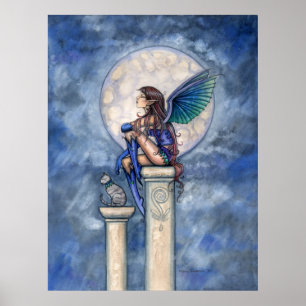 Indigo Moon Fairy und Cat Poster Print