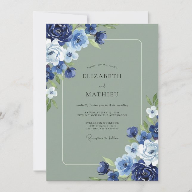 Indigo-Moos-Blatt-Hochzeit Einladung (Vorderseite)