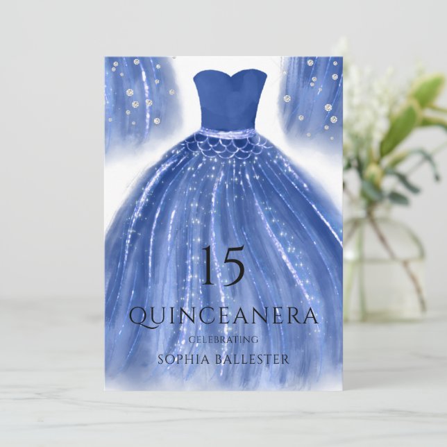 Indigo Navy Blue Mermaid Dress Quinceanera Einladung (Stehend Vorderseite)
