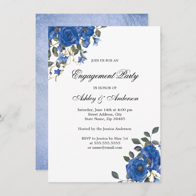 Indigo Navy Midnight Blue Flowers Engagement Party Einladung (Vorne/Hinten)