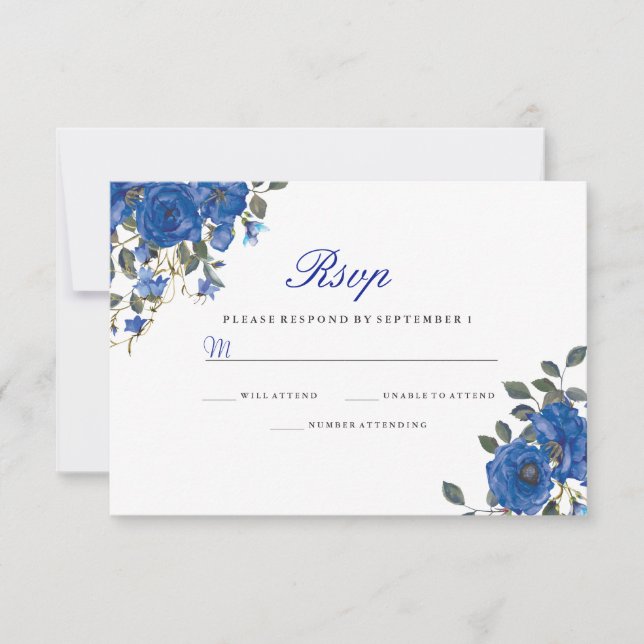 Indigo Navy Midnight Blue Flowers Wedding RSVP (Vorderseite)