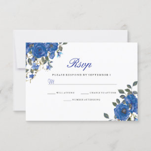 Indigo Navy Midnight Blue Flowers Wedding RSVP Karte