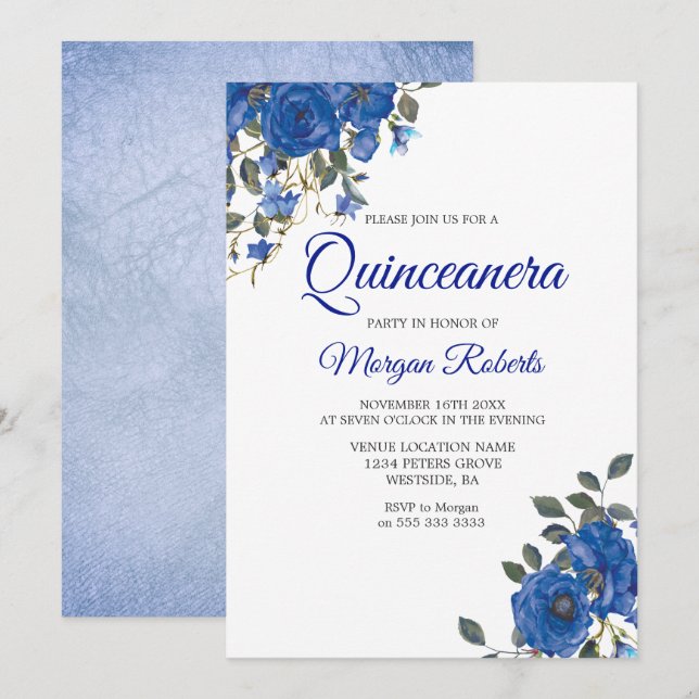 Indigo Navy Mitternacht Blumen Quinceanera Einladung (Vorne/Hinten)