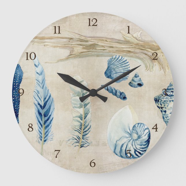 Indigo Ocean Beach Sketchbook Aquarellfarben Musch Große Wanduhr (Vorderseite)