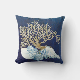Indigo Ocean Coral Seashells Nautical Beach House Kissen