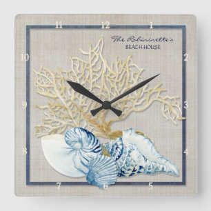 Indigo Ocean Crab Seashells Nautical Beach House Quadratische Wanduhr