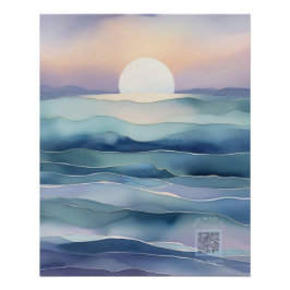 Indigo Ocean Moon Nursery Wall Art | Watercolor Poster