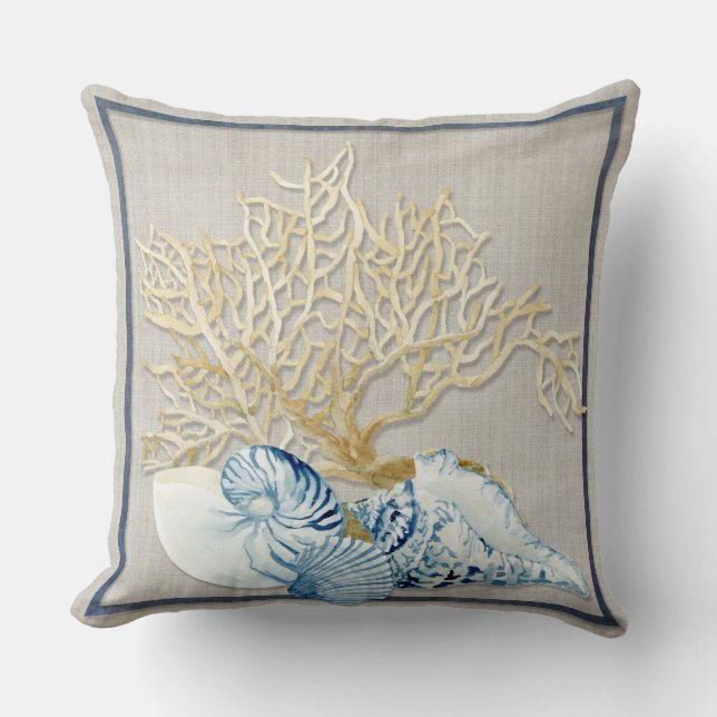 Indigo Ocean Nautilus Conch Scallop Coral Muscheln Kissen (Vorderseite)