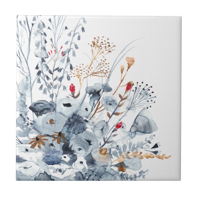 Indigo & Ochre - Aquarellfarben-Blume Fliese (Vorderseite)