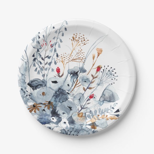 Indigo & Ochre - Aquarellfarben-Blume Pappteller (Vorderseite)