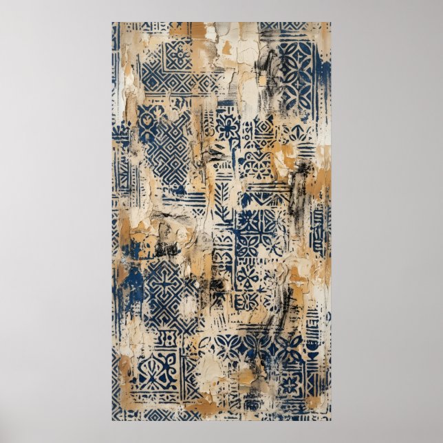 Indigo-Ocker-Poster mit abgenutztem Muster Poster (Vorne)