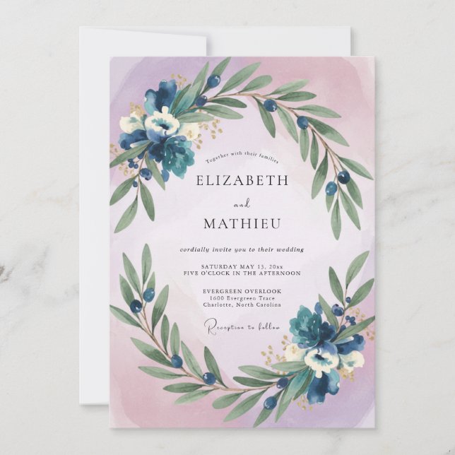Indigo Olivenblatt Hochzeit Einladung (Vorderseite)