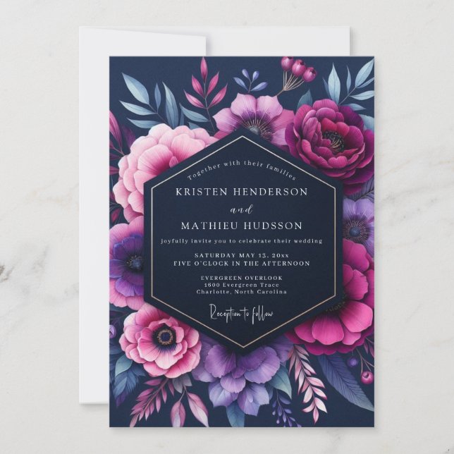 Indigo Opulent Bloom Wedding Einladung (Vorderseite)