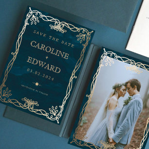 Indigo-Ornament mittelalterlicher Efeu-Hochzeit  Save The Date