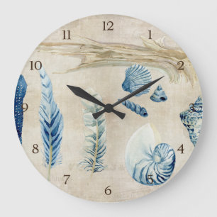 Indigo-Ozean-StrandSketchbookwatercolor-Muscheln Große Wanduhr