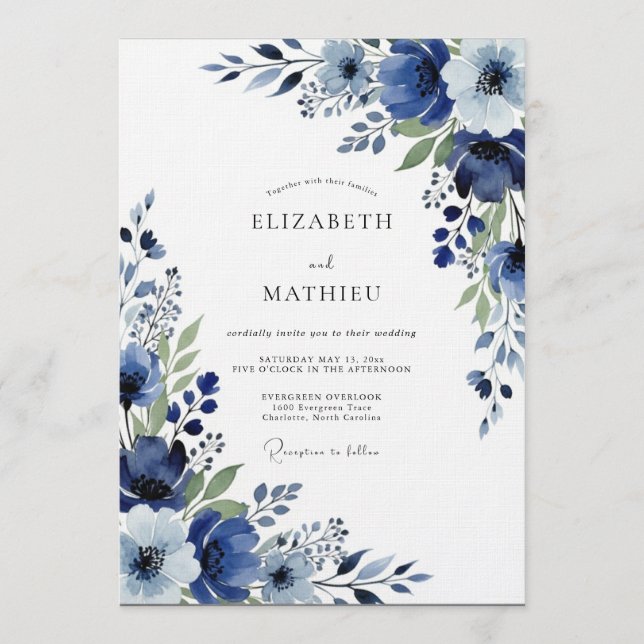 Indigo Painterly Floral Wedding Einladung (Vorderseite)