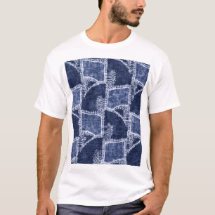 Indigo Patchwork: Textured Checked Elegance T-Shirt