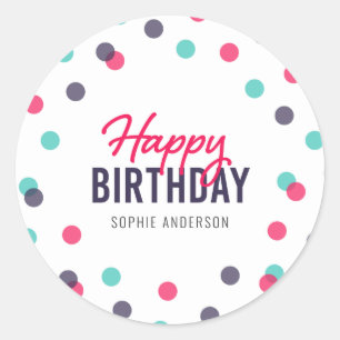 Indigo Pink Aquamarin Confetti Happy Birthday Runder Aufkleber