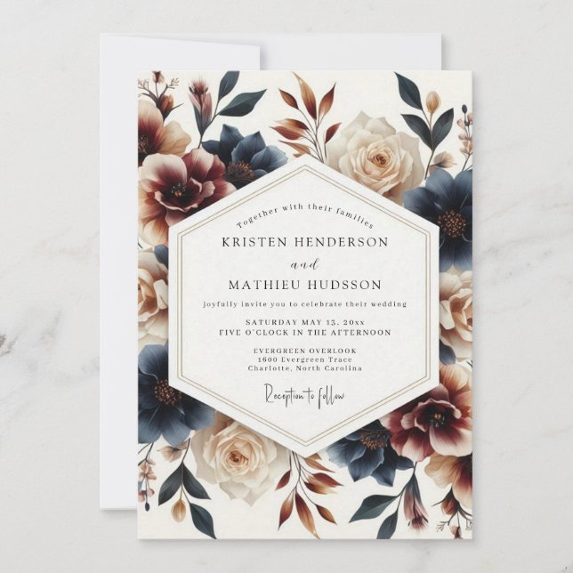 Indigo Russet Painterly Bloom Wedding Einladung (Vorderseite)