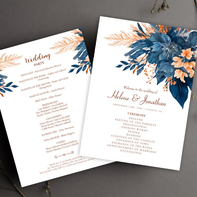 Indigo Rust Modern Floral Boho Elegante Hochzeit Programm (Indigo Rust Modern Floral Boho Elegant Wedding Program)