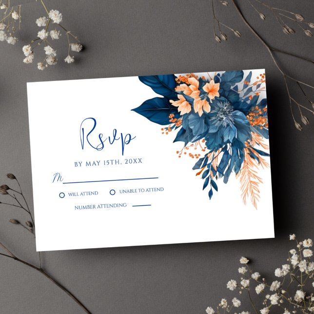 Indigo Rust Moderne Blumenhochzeit RSVP Karte (Indigo Rust Modern Floral Wedding RSVP Card)