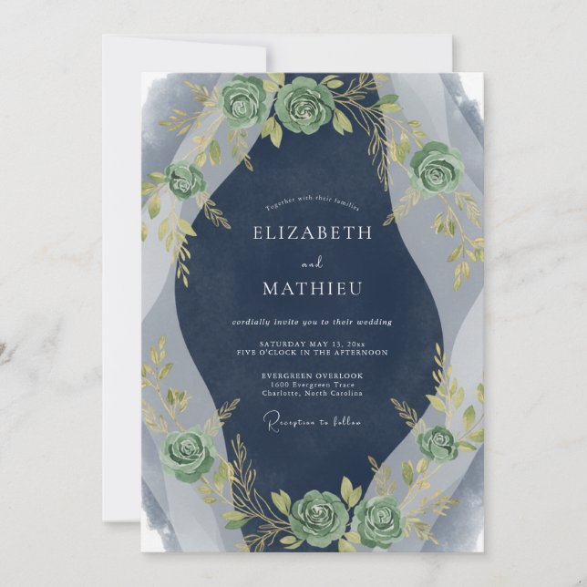 Indigo-Salbei-Blatt-Hochzeit Einladung (Vorderseite)