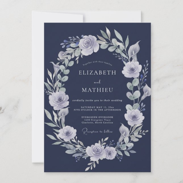 Indigo-Silber-Eukalyptus-Hochzeit Einladung (Vorderseite)