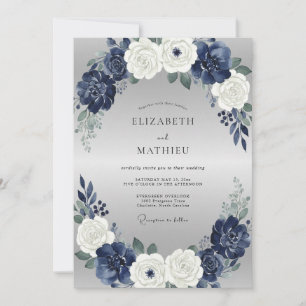 Indigo-Silber-Pfingstrosen-Hochzeit Einladung