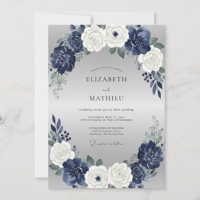 Indigo-Silber-Pfingstrosen-Hochzeit Einladung (Vorderseite)