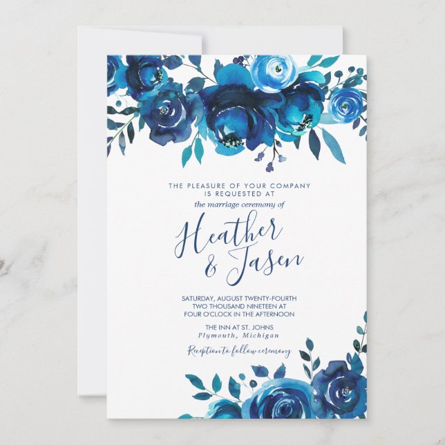 Indigo Smood Floral Wedding Einladung (Vorderseite)