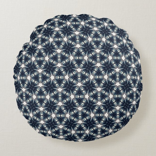 Indigo Snowflower Lattice Rundes Kissen (Vorderseite)