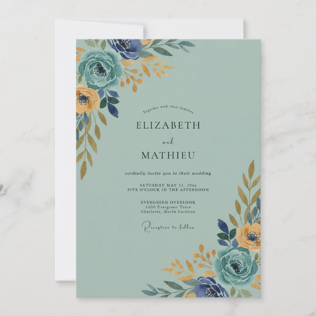 Indigo Soft Gold Blatt Hochzeit Einladung (Vorderseite)