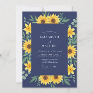 Indigo-Sonnenblumen-Eukalyptus-Hochzeit Einladung