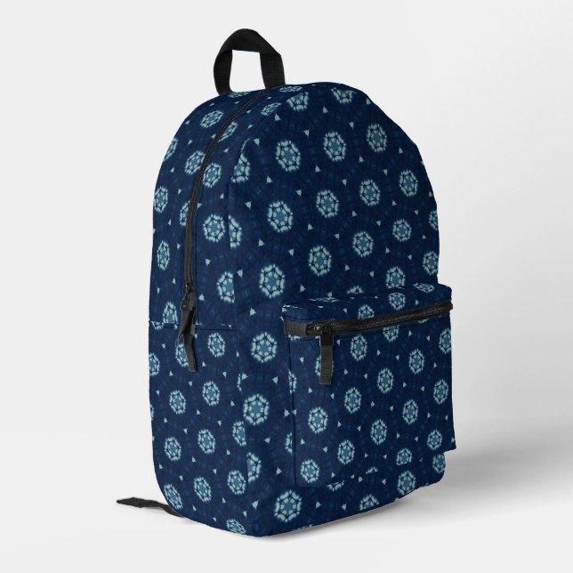 Indigo Spirit: Boho African Geometry Bedruckter Rucksack (Rückseitige Ecke links)