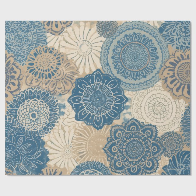 Indigo Tan Boho Floral Geschenkpapier (Flach)