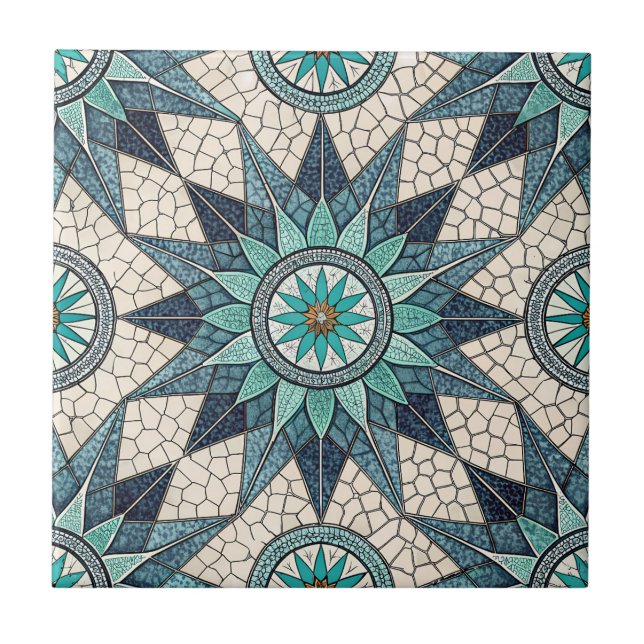 Indigo Teal Compass Mosaic – Stained Glass Fliese (Vorderseite)