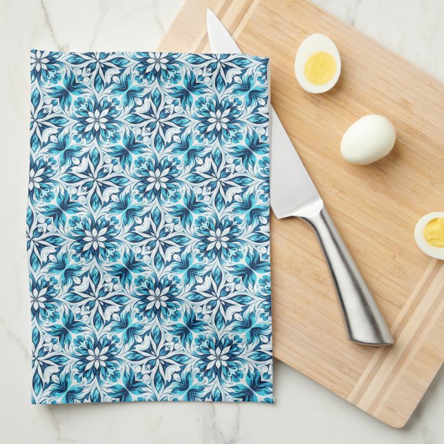 Indigo, Turquoise, Sky Blue & White Damask Floral  Geschirrtuch (Viertel Falte)